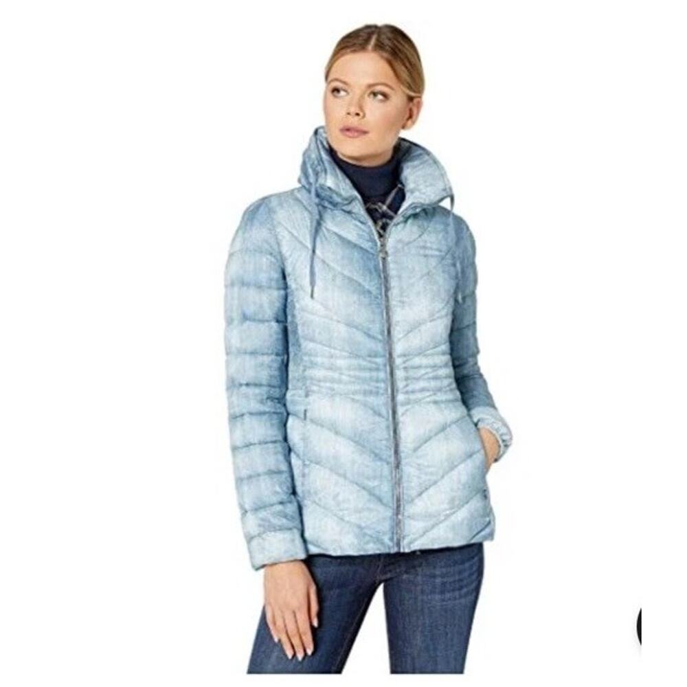Bernardo Down & Ecoplume Quilted Blue Denim Packable Jacket Size Medium